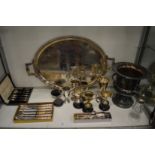 Various plated items to include a large twin handled tray, wine cooler etc.