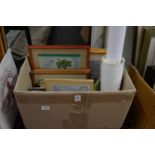 A box of paintings and prints etc.