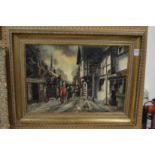 R J Mitchell, Street scene outside the Red Lion Pub with coach and horses, oil on canvas, signed.