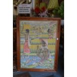 Balinese farmers, oil on canvas, in a carved wood frame.