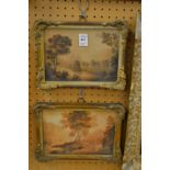 A pair of early watercolours depicting river landscapes with figures in decorative gilt frames.