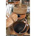 A copper coal scuttle, wicker basket, small trug and copper spittoon.