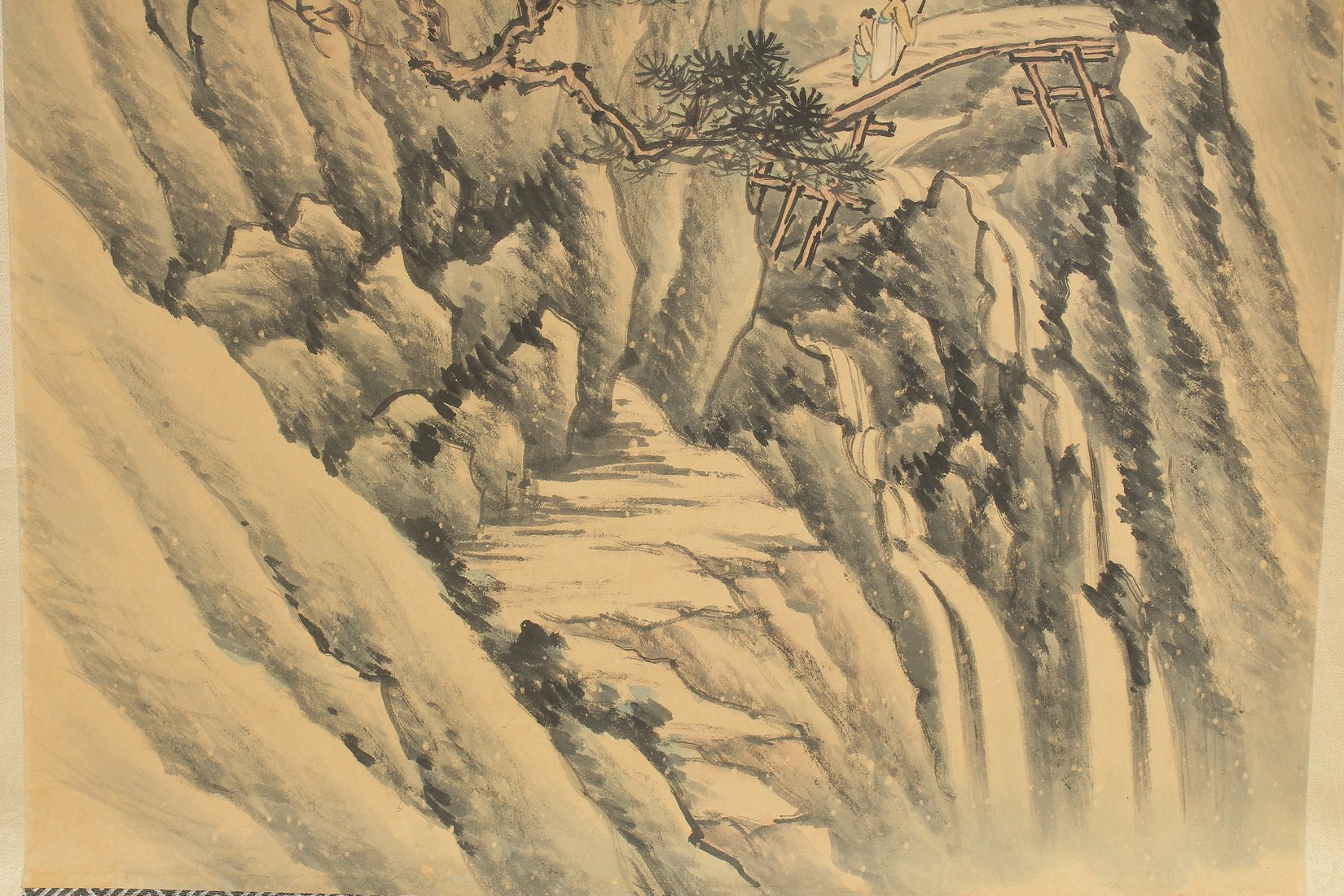 A CHINESE WATERCOLOUR PAINTING ON SILK SCROLL, depicting two figures approaching a temple in a - Image 3 of 11