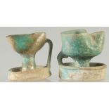 TWO 12TH-13TH CENTURY ANDALUSIAN SPANISH TURQUOISE GLAZED POTTERY OIL LAMPS, 8cm high and 7cm