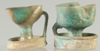 TWO 12TH-13TH CENTURY ANDALUSIAN SPANISH TURQUOISE GLAZED POTTERY OIL LAMPS, 8cm high and 7cm