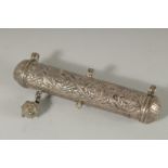 A 19TH CENTURY OTTOMAN OR PERSIAN SILVER QURAN SCROLL HOLDER, stamped,10.5cm long.