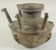 AN UNUSUAL LARGE 18TH-19TH CENTURY SOUTH INDIAN BRONZE MULTI-SPOUTED LOTA VESSEL, with relief