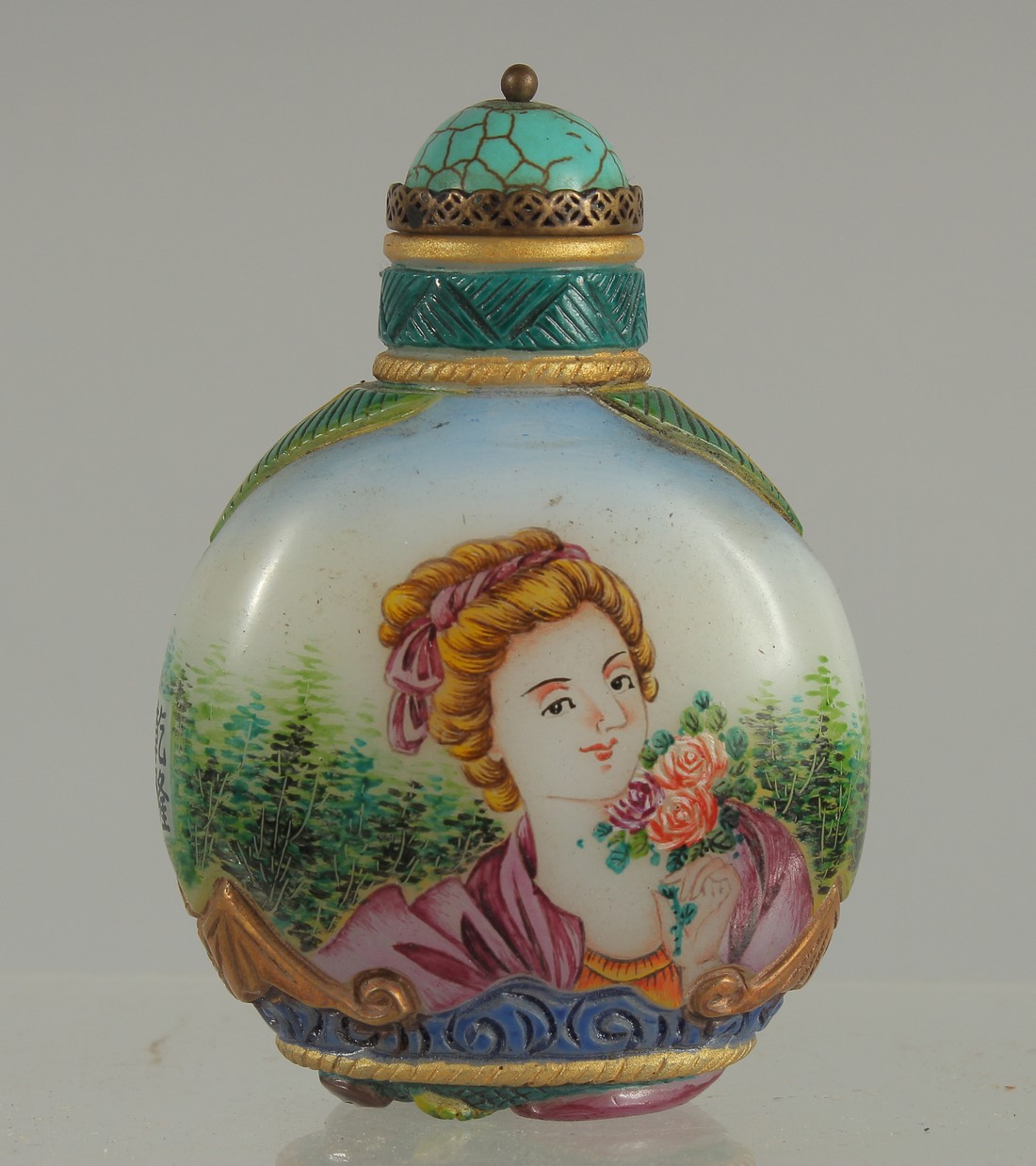 AN UNUSUAL CHINESE PEKING GLASS SNUFF BOTTLE AND STOPPER, painted with European subject, 8cm high.