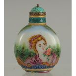 AN UNUSUAL CHINESE PEKING GLASS SNUFF BOTTLE AND STOPPER, painted with European subject, 8cm high.