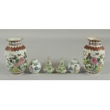 A COLLECTION OF CHINESE PORCELAIN ITEMS; pair of vases, pair of snuff bottles, and a small pair of