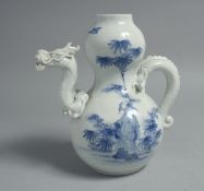 A JAPANESE BLUE AND WHITE HIRADO PORCELAIN GOURD SHAPE EWER, with handle and spout formed as a