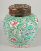 A CHINESE REPUBLIC PERIOD POLYCHROME FAMILLE ROSE PORCELAIN GINGER JAR AND COVER, with longevity