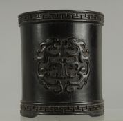 A CHINESE HARDWOOD BRUSH POT; possibly zitan wood, 13cm high.