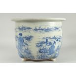 A LARGE CHINESE BLUE AND WHITE PORCELAIN JARDINIERE, decorated with female figures in a vast