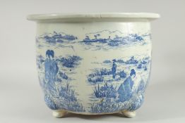 A LARGE CHINESE BLUE AND WHITE PORCELAIN JARDINIERE, decorated with female figures in a vast