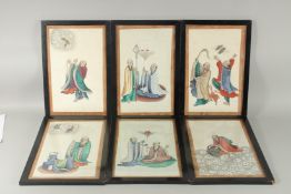 SIX CHINESE PITH PAINTINGS, depicting various figures, uniformly framed and glazed, 38.5cm x 25.