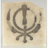 AN UNUSUAL 19TH CENTURY INDIAN INLAID MARBLE TILE, possibly Sikh, 18cm x 17.5cm.