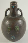 AN UNUSUAL POSSIBLY EARLY MIDDLE EASTERN ENAMELLED BRONZE HOLY WATER VESSEL, 13cm high.