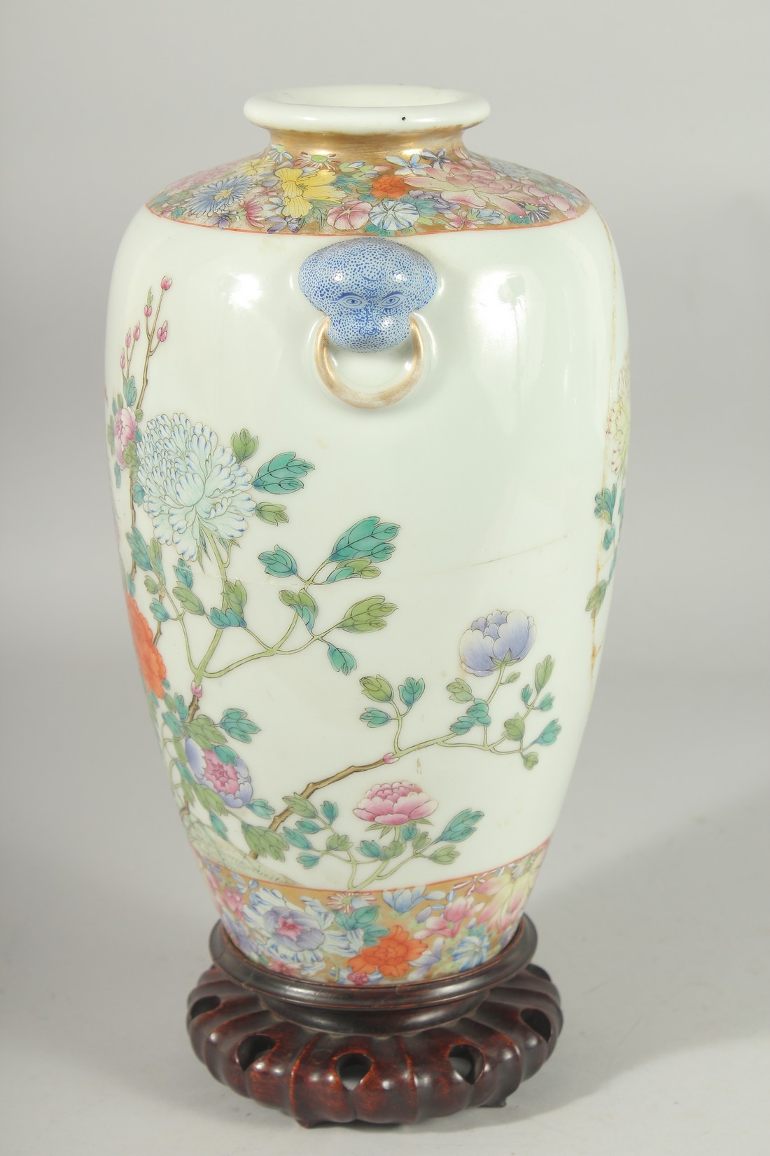 A CHINESE FAMILLE ROSE PORCELAIN VASE on hardwood stand, painted with exotic birds and native flora, - Image 4 of 7