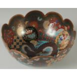 A FINE JAPANESE CLOISONNE PETAL-RIM BOWL, the interior with central roundel containing a dragon, the
