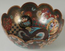 A FINE JAPANESE CLOISONNE PETAL-RIM BOWL, the interior with central roundel containing a dragon, the