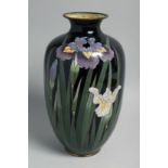 A LARGE JAPANESE BLACK GROUND CLOISONNE VASE, with floral decoration, 30cm high.