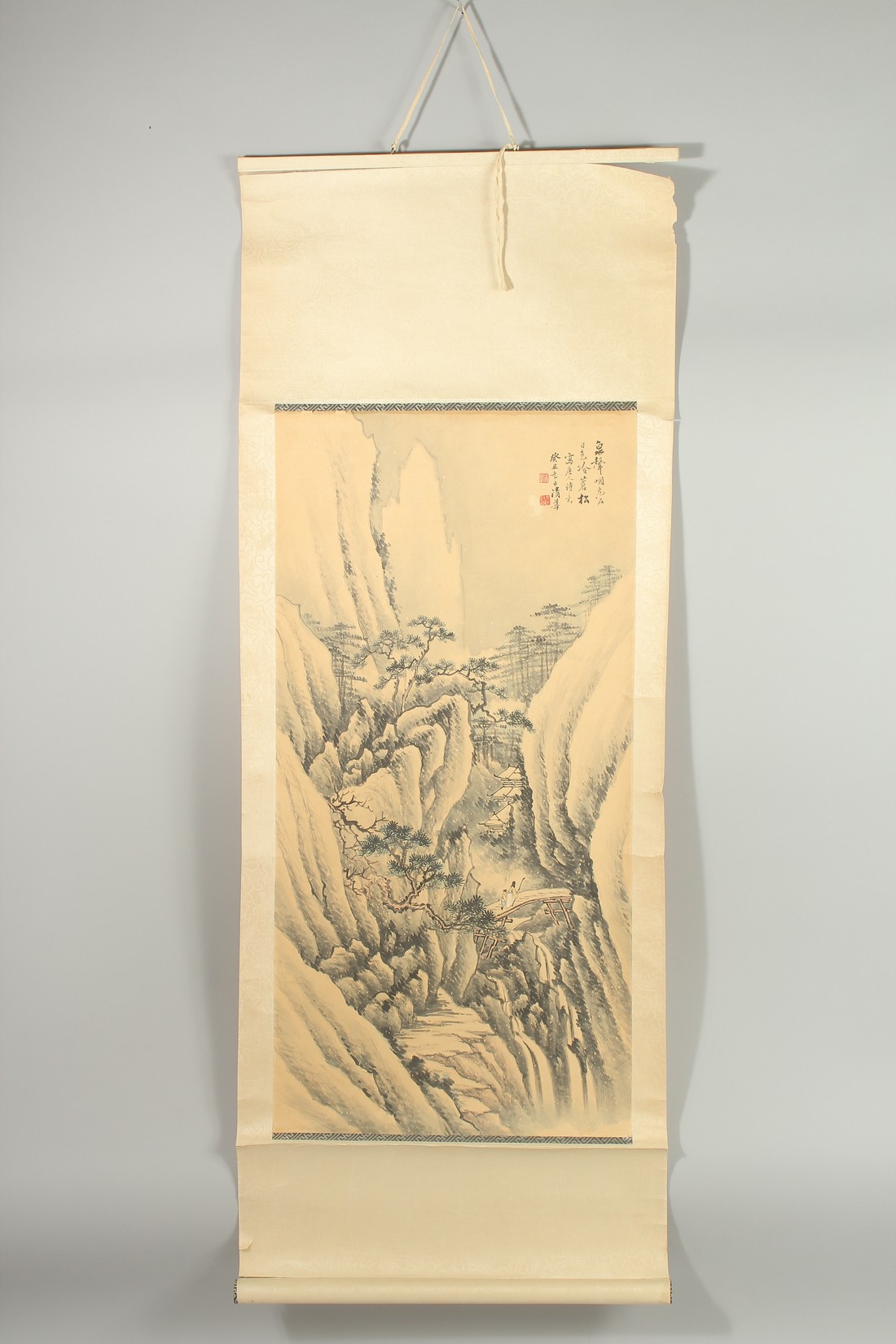 A CHINESE WATERCOLOUR PAINTING ON SILK SCROLL, depicting two figures approaching a temple in a - Image 2 of 11