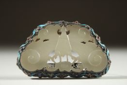 A CARVED JADE INSET BUTTERFLY BROOCH, with fine enamelled metalwork mount, 6.5cm x 3.5cm.