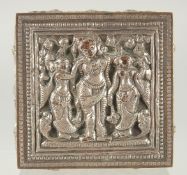 AN INDIAN SILVER OVERLAID SQUARE BOX, with hinged lid and relief decoration, 8cm sqaure.