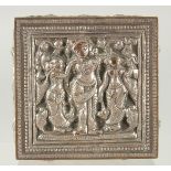 AN INDIAN SILVER OVERLAID SQUARE BOX, with hinged lid and relief decoration, 8cm sqaure.
