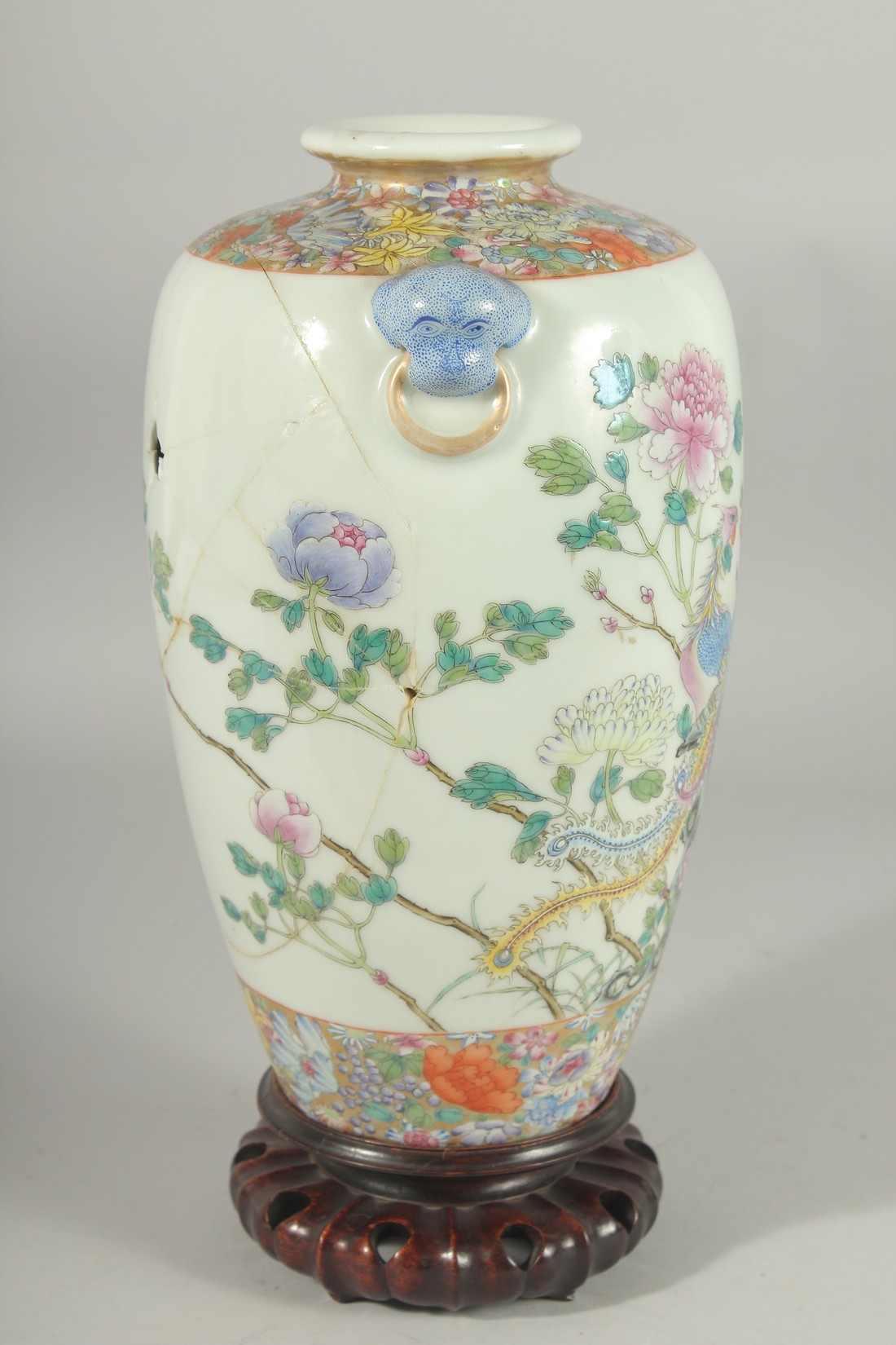 A CHINESE FAMILLE ROSE PORCELAIN VASE on hardwood stand, painted with exotic birds and native flora, - Image 2 of 7