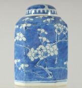 A CHINESE BLUE AND WHITE PORCELAIN OCTAGONAL JAR AND COVER, painted with prunus blossom, base with