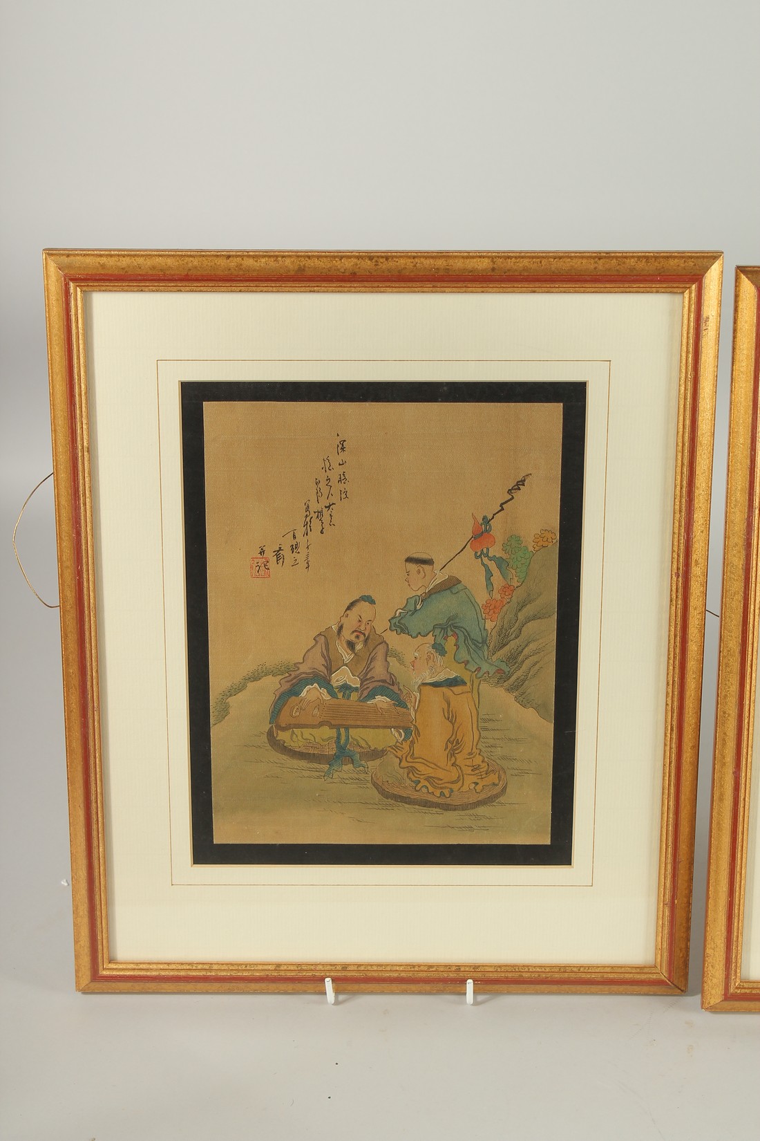 A PAIR OF CHINESE PAINTINGS ON SILK, each inscribed upper left with red seal mark, framed and - Image 2 of 4
