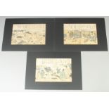 THREE MID-19TH CENTURY ORIGINAL JAPANESE WOODBLOCK PRINTS, unframed; with mount board surround, (