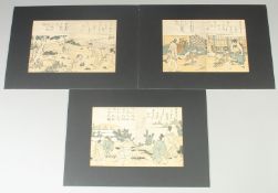 THREE MID-19TH CENTURY ORIGINAL JAPANESE WOODBLOCK PRINTS, unframed; with mount board surround, (