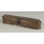 AN INDIAN ENRAVED COPPER PEN BOX, 29cm long.