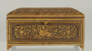 A FINE ISLAMIC SPANISH TOLEDO GOLD INLAID STEEL BOX, 10.5cm x 5cm, 6cm high.