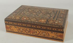 A MOTHER OF PEARL INLAID TUNBRIDGE WARE STYLE BOX, 27.5cm x 19.5cm.
