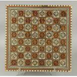 A FINE CIRCA 1920'S SYRIAN DAMASCUS MOTHER OF PEARL AND BONE INLAID WOODEN CHESS BOARD, 40cm