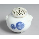 A JAPANESE HIRADO BLUE AND WHITE PORCELAIN TRIPOD KORO AND COVER, with twin-moulded handles. 9.5cm