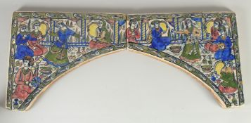 A FINE PAIR OF PERSIAN GLAZED POTTERY ARCH TILES, painted with musicians and dancing figures, 32.5cm