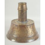 A RARE LARGE 14TH-15TH CENTURY MAMLUK ENGRAVED BRASS CANDLESTICK BASE with later wooden top,