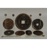 A COLLECTION OF CHINESE FORTUNE COINS, together with a collection of hairpins, (qty).