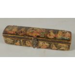 A SMALL 19TH CENTURY PERSIAN PEN BOX, with painted portraits, 11cm long.