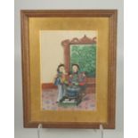 A CHINESE PITH PAINTING OF A SEATED DIGNITARY, with female attendant, framed and glazed, image