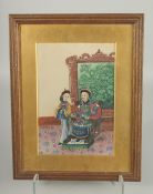 A CHINESE PITH PAINTING OF A SEATED DIGNITARY, with female attendant, framed and glazed, image