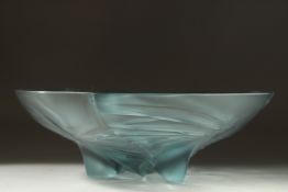 A GOOD LALIQUE BLUE GLASS SHAPED FLOWER BOWL. 9.5ins diameter in original box.