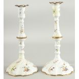 A PAIR OF 18TH CENTURY BILSTON ENAMEL CANDLESTICKS painted with flowers. 11ins high/