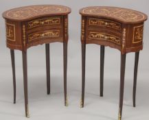 A PAIR OF FRENCH DESIGN KIDNEY SHAPED BEDSIDE TABLES with two drawers. 2ft 6ins high.