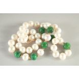 A 14CT GOLD PEARL AND JADE NECKLACE. 16ins long.
